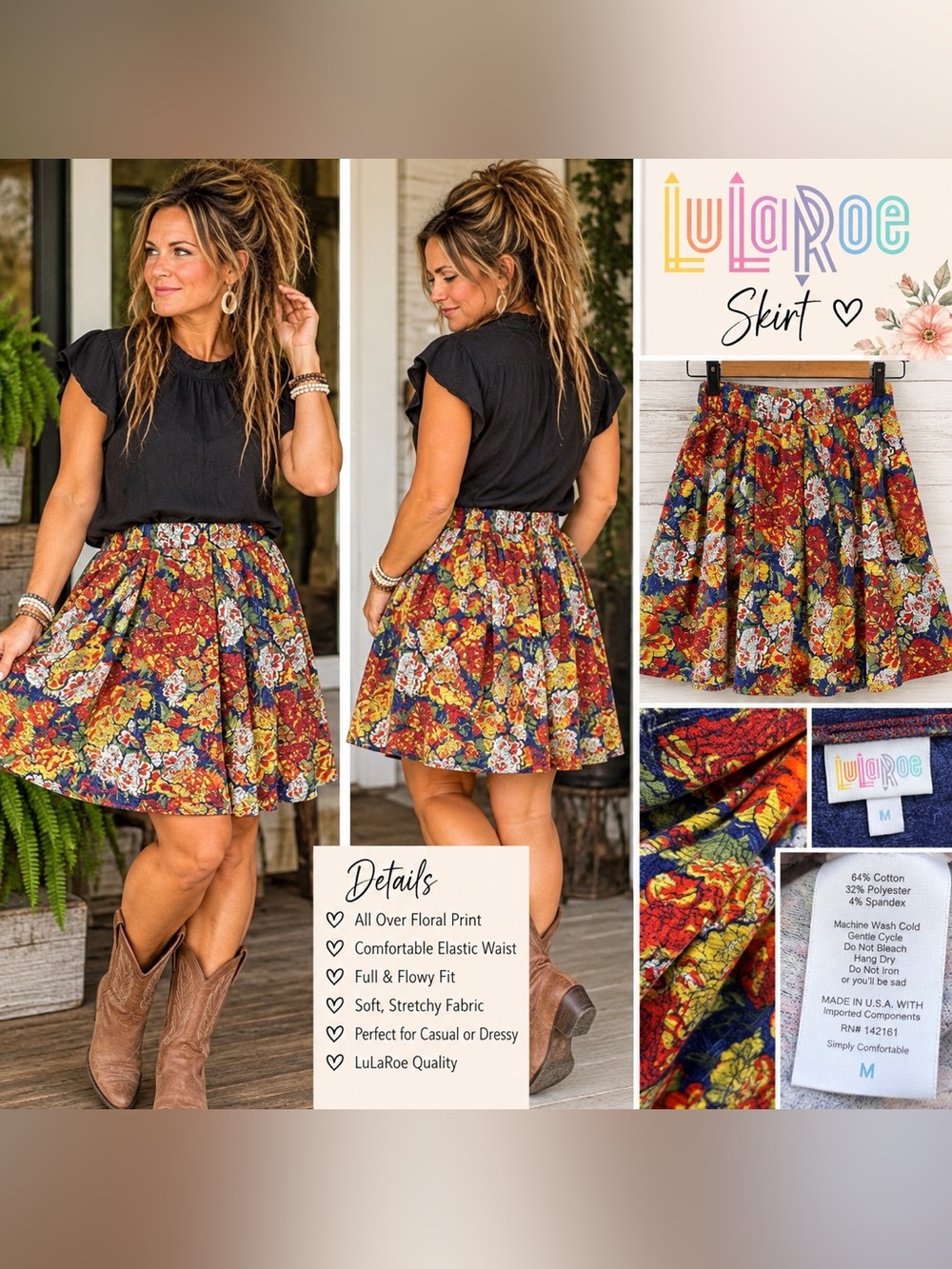 LuLaRoe Red Multi Floral A-Line Skirt